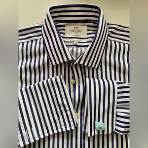 Hawes & Curtis - all cotton striped dress shirt with french cuffs Size 17” neck